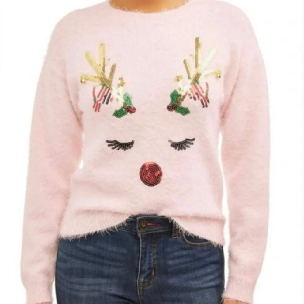 Christmas Sweater with Playful Reindeer Design and Bells